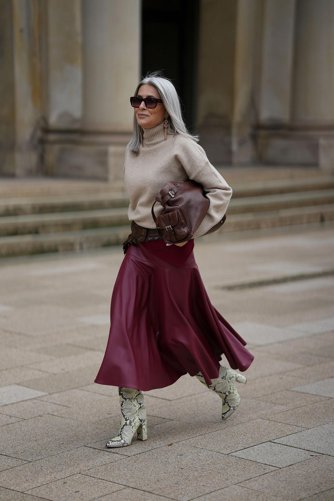 Beige Turtleneck Paired with Burgundy Faux Leather Midi Skirt Beige Turtleneck Paired with Burgundy Faux Leather Midi Skirt — Turtleneck Sweater Outfits 2027