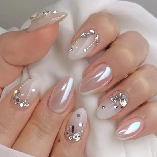 Aurora French with Rhinestone Accents — Medium Almond Nails 2027