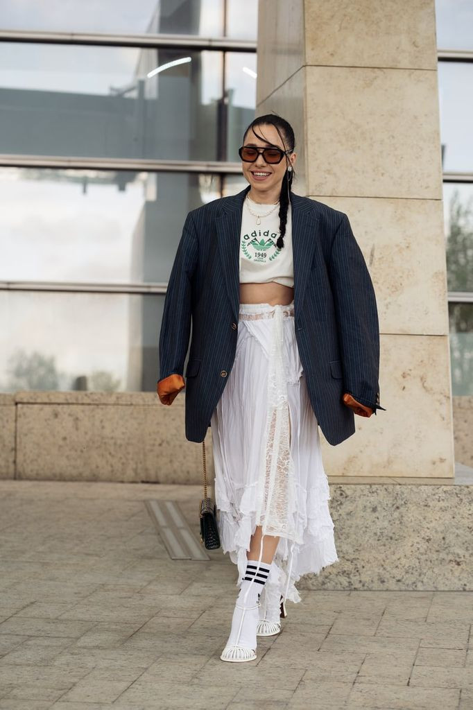 Pinstripe Blazer Over Ruffled Skirt for Street Style Edge Pinstripe Blazer Over Ruffled Skirt for Street Style Edge — Alt Outfits 2027