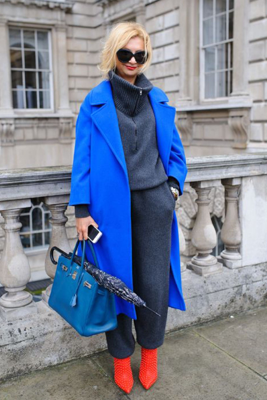 Cobalt Blue Long Coat with Grey Knitwear for Color-Blocked Casual Cobalt Blue Long Coat with Grey Knitwear for Color-Blocked Casual — Cobalt Blue Outfits 2027