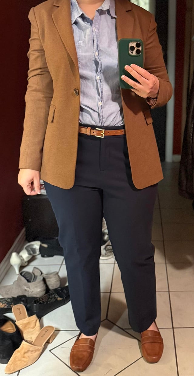 Brown Blazer, Blue Shirt, and Navy Trousers for Business Brown Blazer, Blue Shirt, and Navy Trousers for Business — Conference Outfits 2027