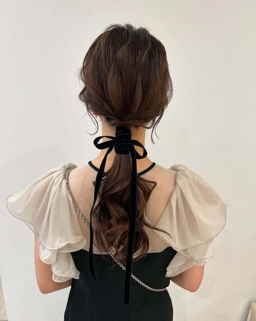 Loose Waves Half-Up with Burgundy Ribbon — Ribbon Hairstyles 2027