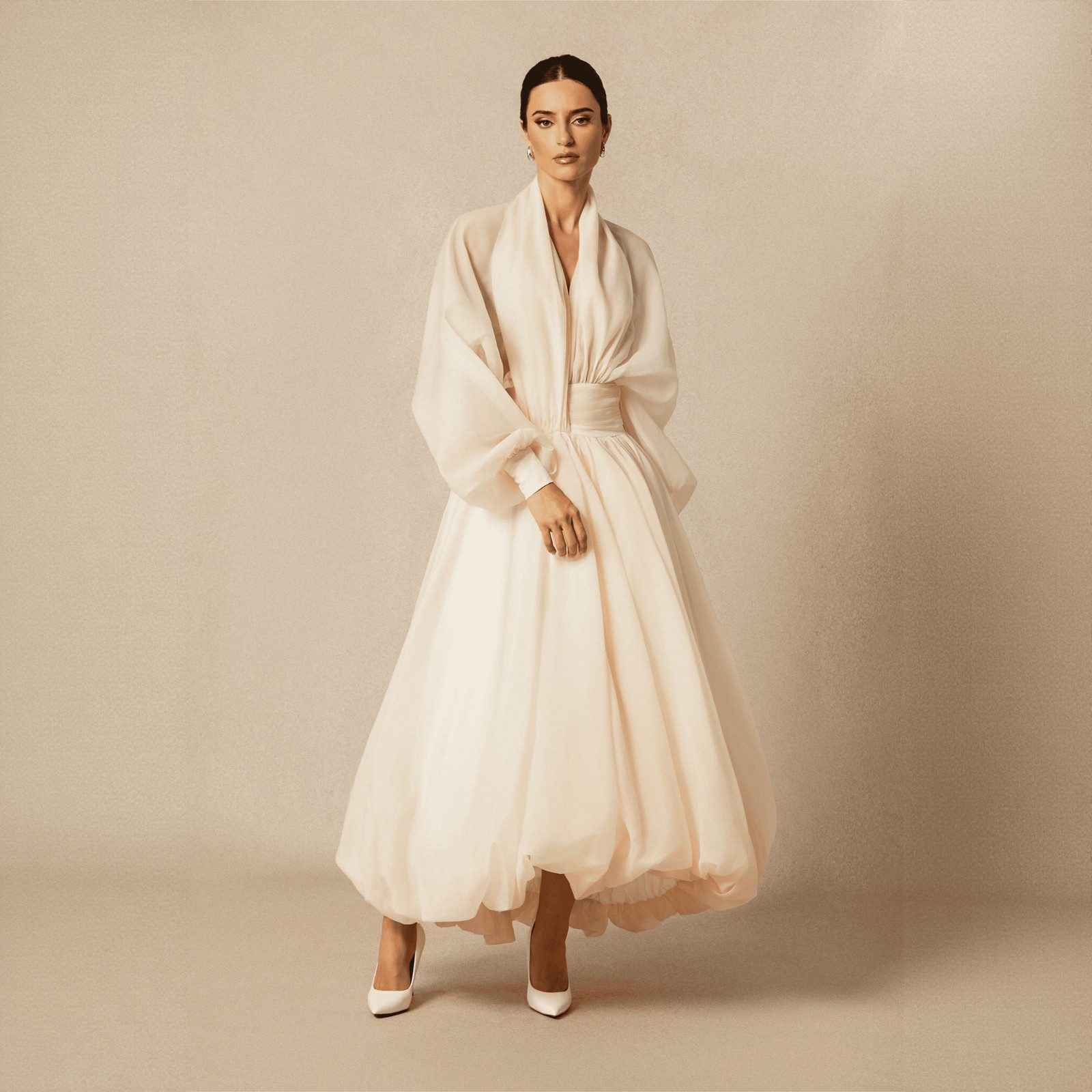 Ivory Organza Dress with Voluminous Sleeves and Balloon Hem Ivory Organza Dress with Voluminous Sleeves and Balloon Hem — Honeymoon Dresses 2027