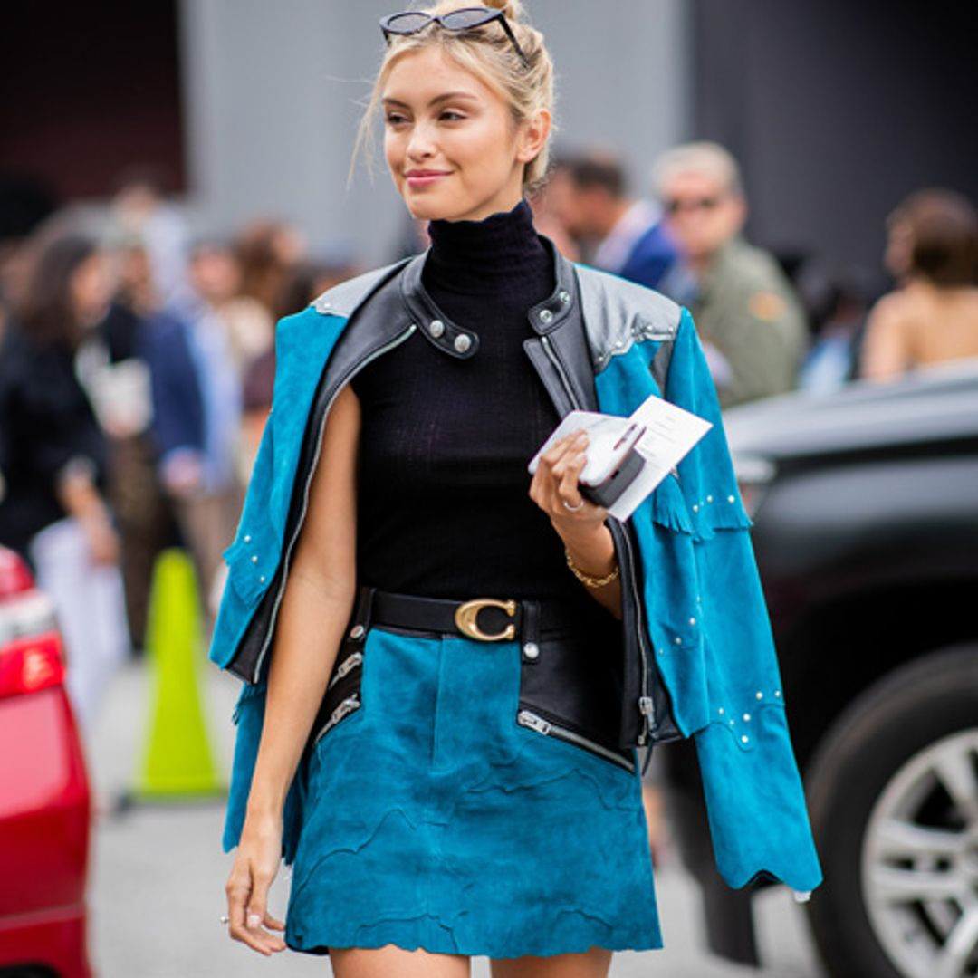 Vibrant Blue Suede Mini Skirt with Matching Jacket — Mini Skirts 2027