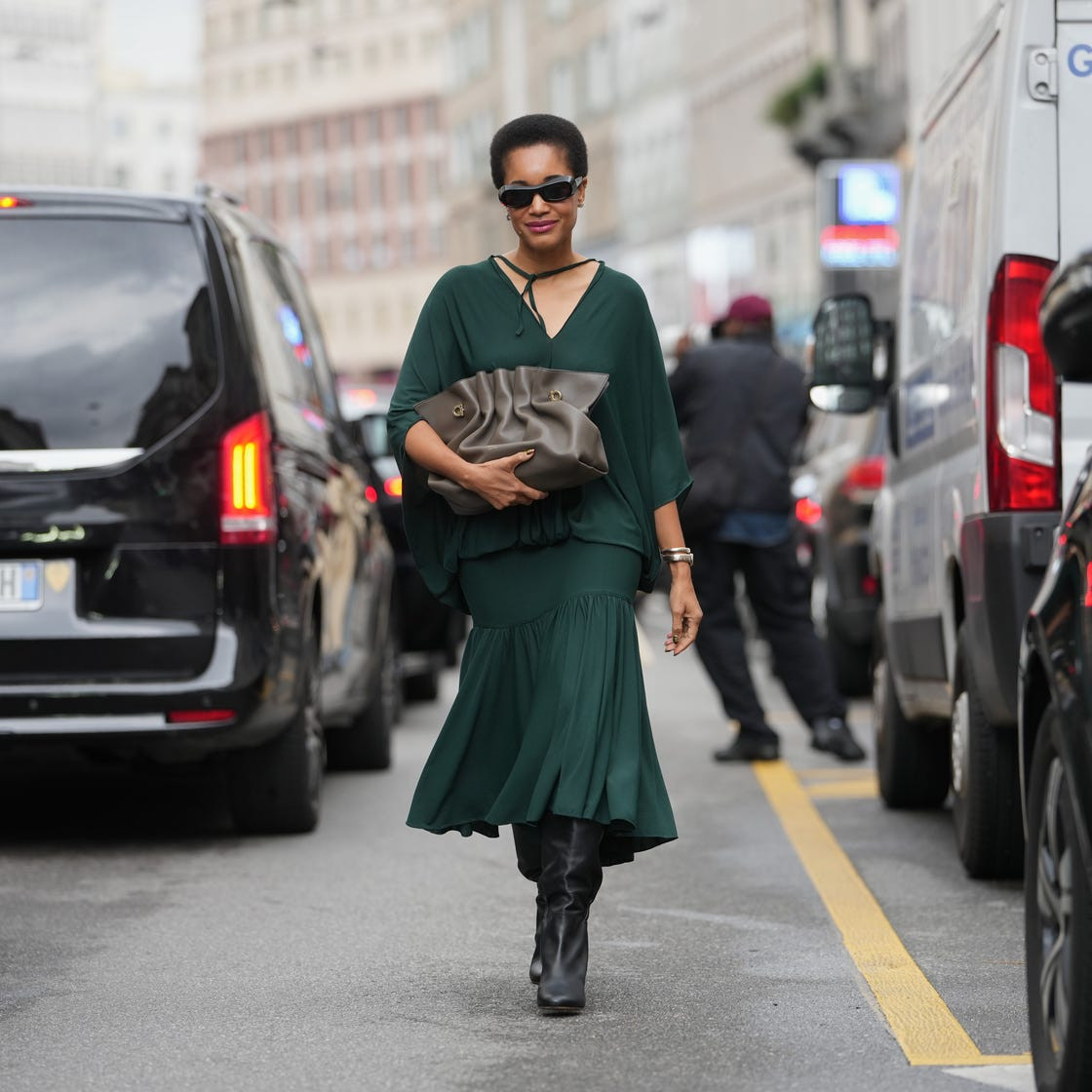 Green V-Neck Dress with Cape Sleeves and Black Knee-High Boots Green V-Neck Dress with Cape Sleeves and Black Knee-High Boots — Dress 2027 with Boots Outfit