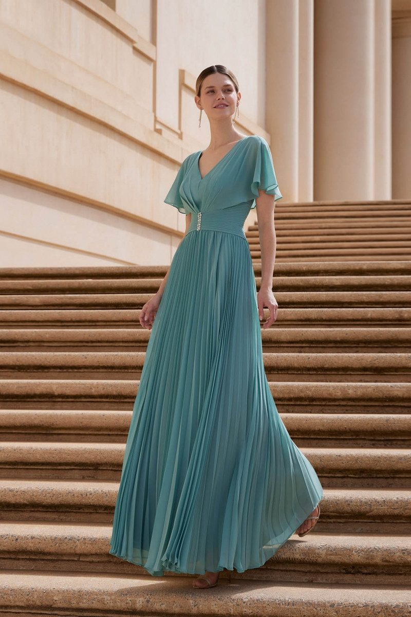 Teal Chiffon Pleated Maxi Dress with Jeweled Waist Teal Chiffon Pleated Maxi Dress with Jeweled Waist — Pleated Dress 2027