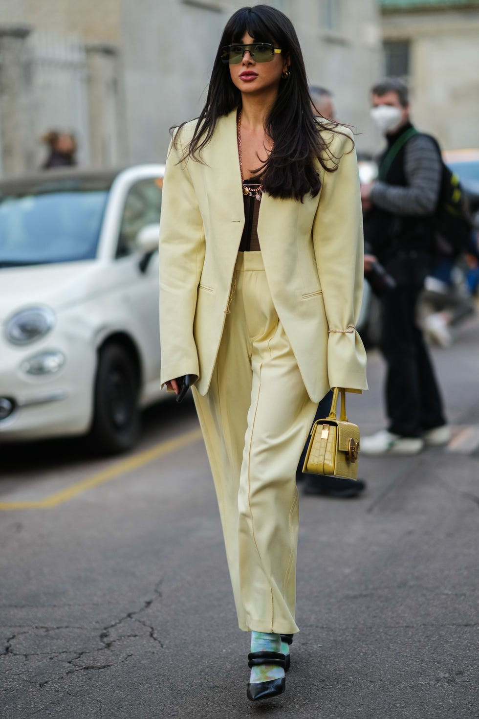 Oversized Pale Yellow Suit with Sheer Black Top Oversized Pale Yellow Suit with Sheer Black Top — Pale Yellow Outfits 2027