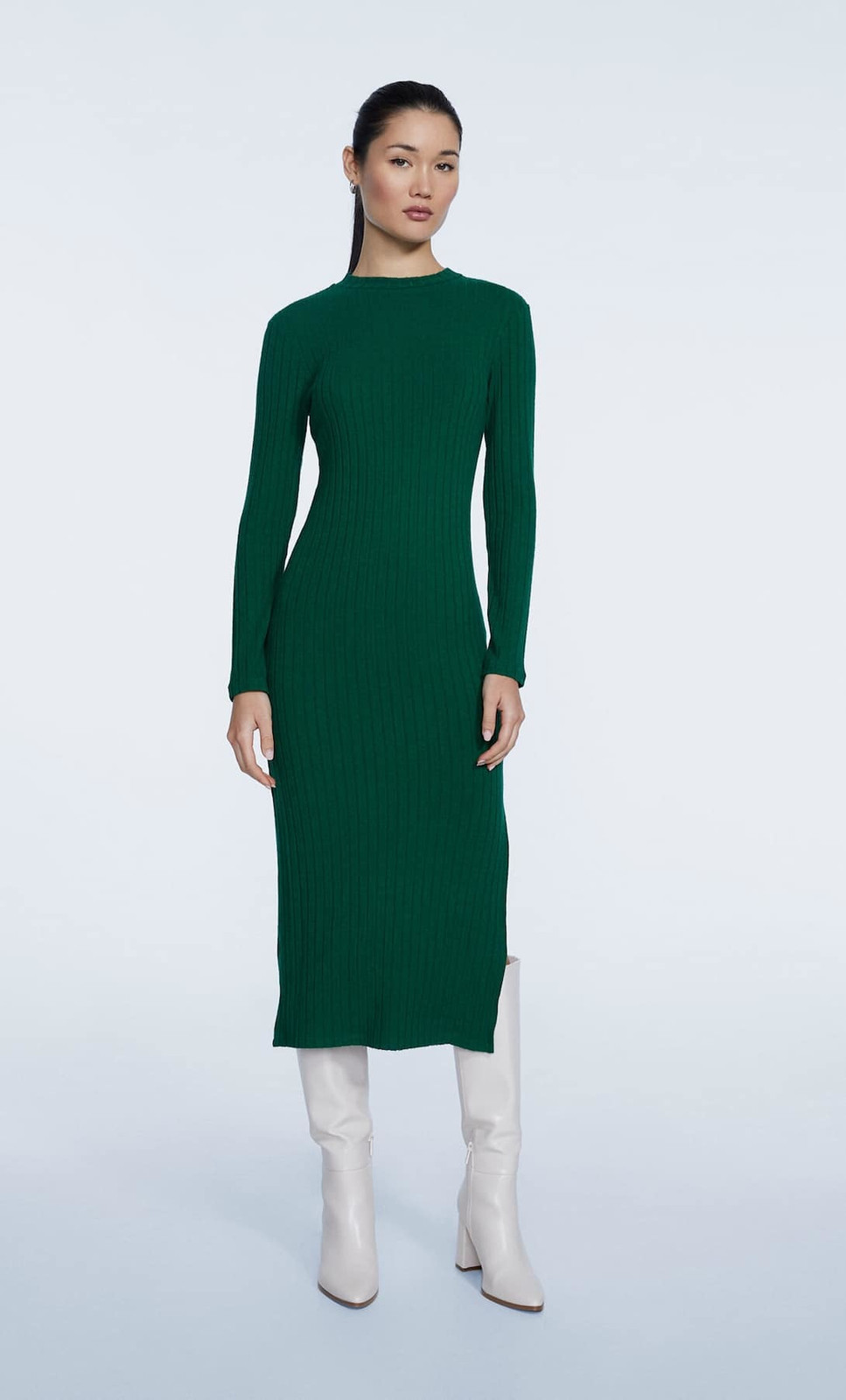 Emerald Green Knit Dress with White Knee-High Boots Emerald Green Knit Dress with White Knee-High Boots — Winter Interview Outfits 2027