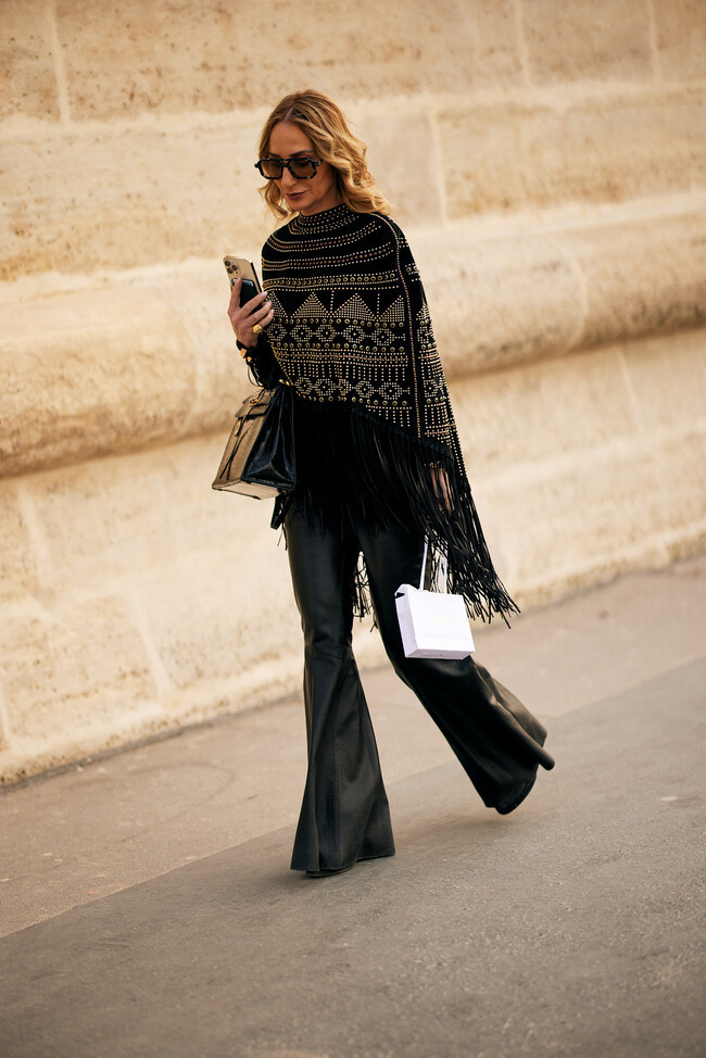 Black Leather Flare Trousers with Embellished Poncho Black Leather Flare Trousers with Embellished Poncho — Skinny Flare Pants Outfits 2027