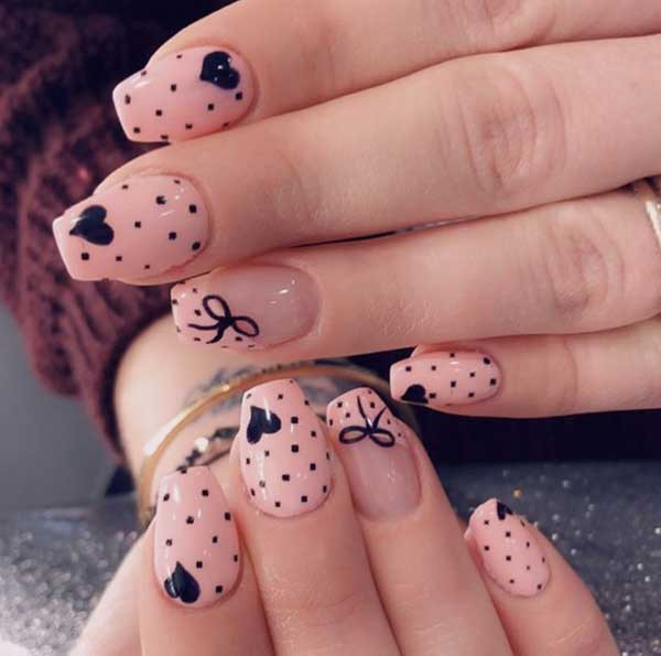 Pale Pink Black Polka Dot Bow Oval Nails Pale Pink Black Polka Dot Bow Oval Nails — Short Bow Nails 2027