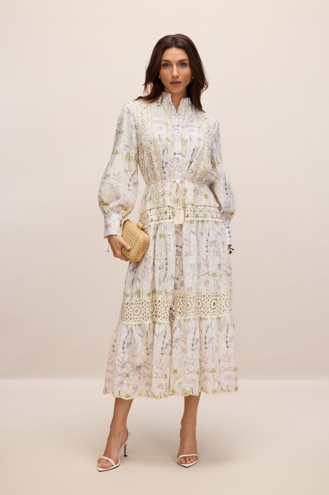 White Floral Print Midi Dress with Lace Inserts White Floral Print Midi Dress with Lace Inserts — Modest Dresses 2027