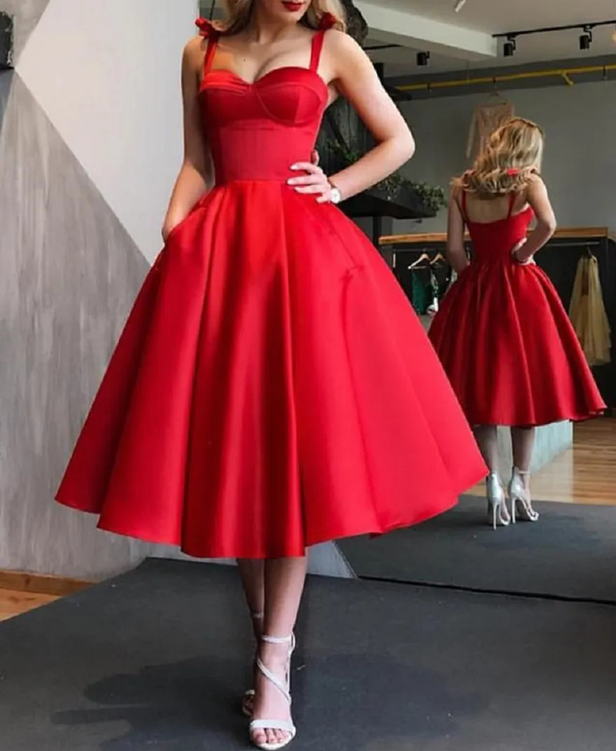 Red Satin Tea-Length Dress with Sweetheart Neckline and Pockets Red Satin Tea-Length Dress with Sweetheart Neckline and Pockets — Red Prom Dresses 2027