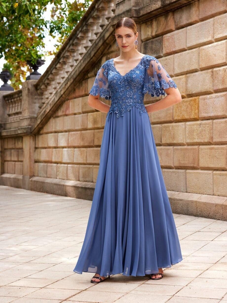 Dusty Blue Lace Gown with Flutter Sleeves and Beaded Bodice — Cocktail Party Outfits 2027