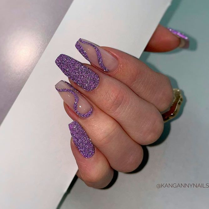 Purple Glitter Wavy Outline Birthday Coffin Nails — Birthday Nails Coffin 2027