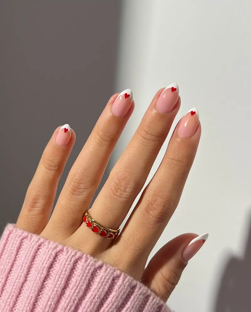 Classic French with Tiny Red Heart Classic French with Tiny Red Heart — Pink Valentines Nails 2027