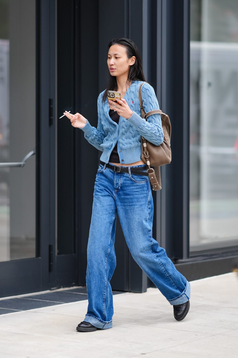 Baggy Straight Leg Jeans with Cable Knit Cardigan and Loafers Baggy Straight Leg Jeans with Cable Knit Cardigan and Loafers — Straight Leg Jeans 2027