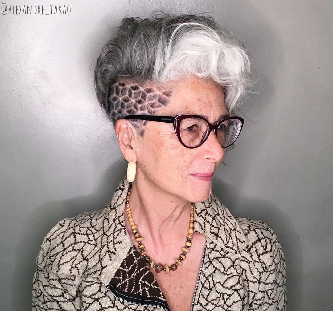Textured Grey Pixie With Pattern Undercut Textured Grey Pixie With Pattern Undercut — Hairstyles 2027 with Glasses
