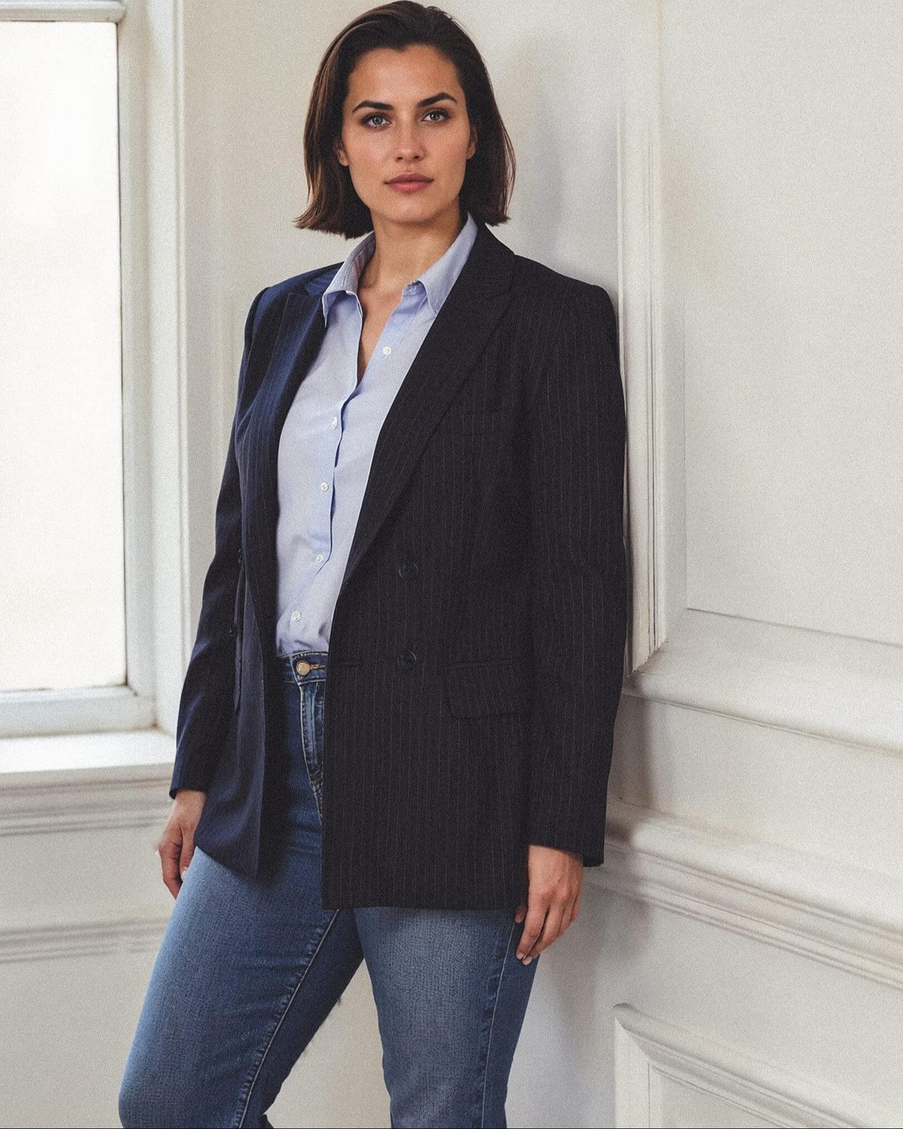 Pinstripe Blazer and Denim for Smart Casual Appeal Pinstripe Blazer and Denim for Smart Casual Appeal — Casual Thanksgiving Outfits 2026
