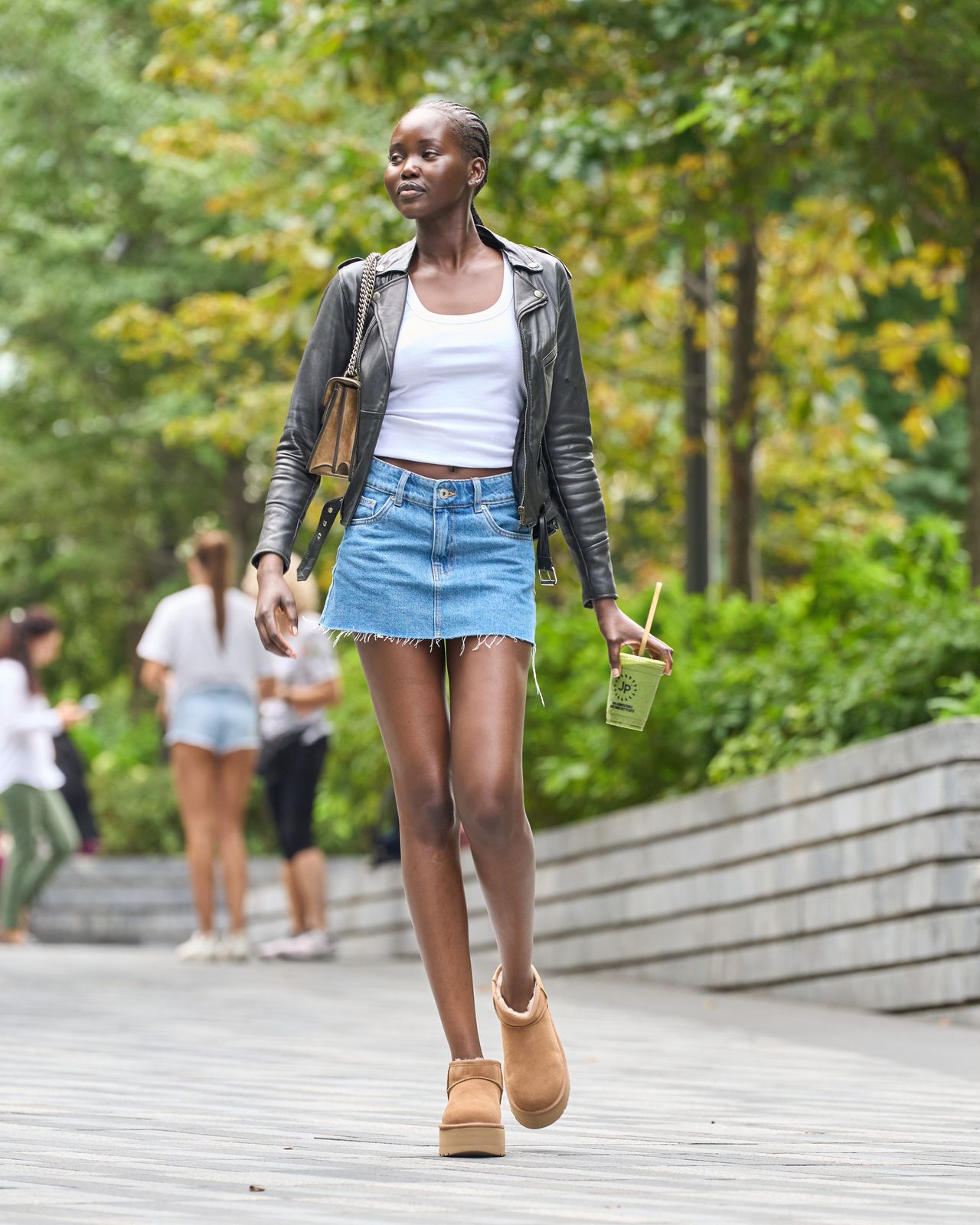 Denim Mini Skirt and Leather Jacket with Platform Uggs Denim Mini Skirt and Leather Jacket with Platform Uggs — Uggs Outfits 2027