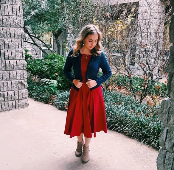 Classic Red Fit-and-Flare Dress with Navy Knit Cardigan Classic Red Fit-and-Flare Dress with Navy Knit Cardigan — Mothers Day Church Outfits 2027