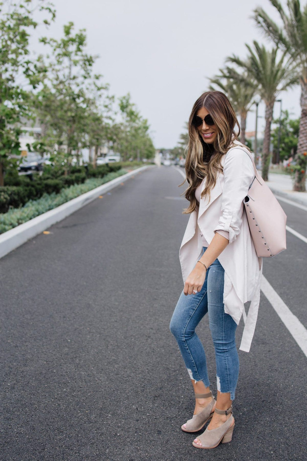 Chic Casual: Light Pink Waterfall Jacket with Distressed Jeans for Anniversary Chic Casual: Light Pink Waterfall Jacket with Distressed Jeans for Anniversary — Anniversary Outfits 2027