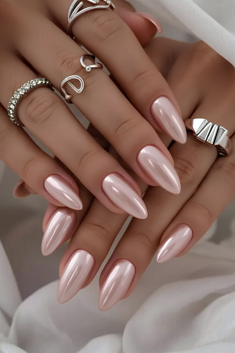 Pale Pink Pearlescent Chrome Stilettos — Pink Chrome Nails 2027