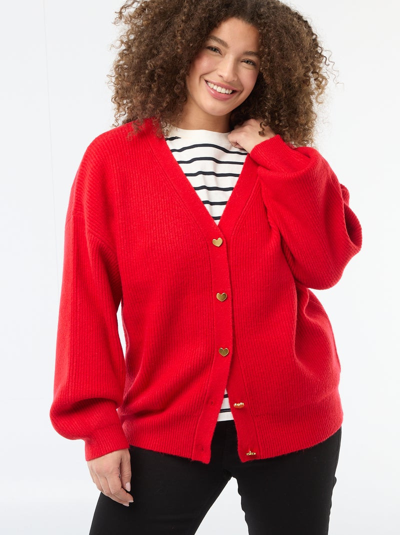 Vibrant Red Cardigan with Heart Buttons Over Stripes Vibrant Red Cardigan with Heart Buttons Over Stripes — Heart Outfits 2027