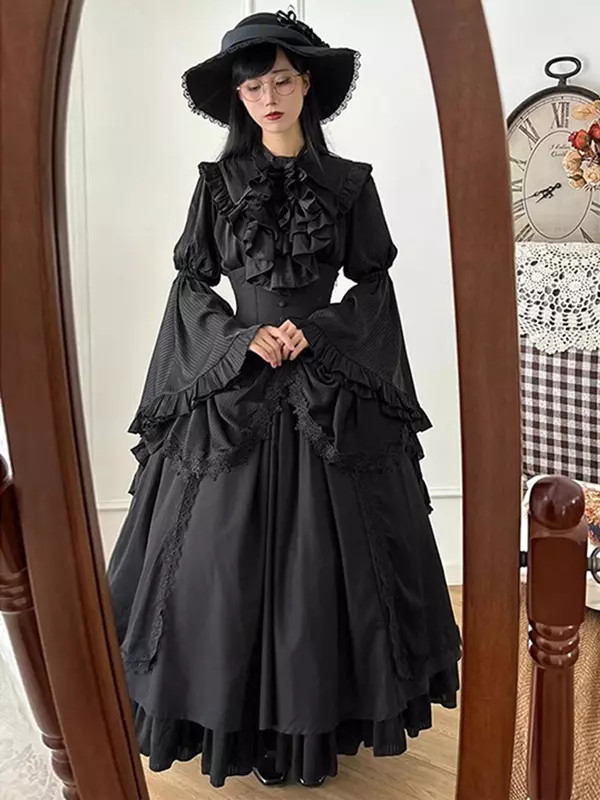 Victorian Grandeur: A Ruffled Black Dress with a Wide-Brimmed Hat Victorian Grandeur: A Ruffled Black Dress with a Wide-Brimmed Hat — Gothic Romantic Outfits 2027