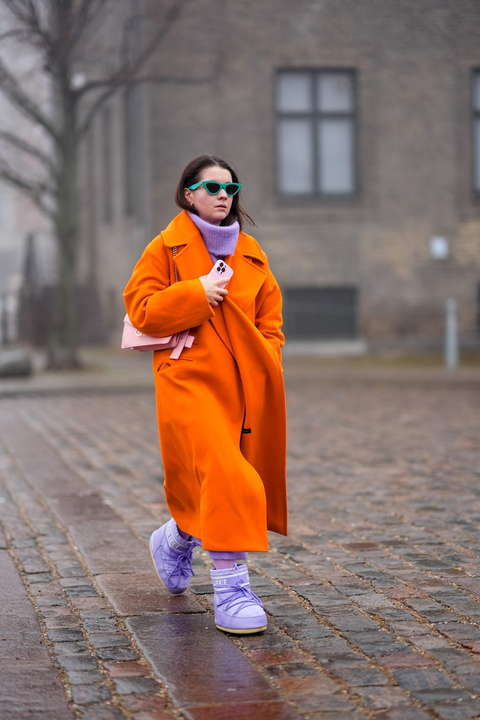 Lavender Moon Boots Paired with Orange Oversized Coat Lavender Moon Boots Paired with Orange Oversized Coat — Moon Boots Outfits 2027