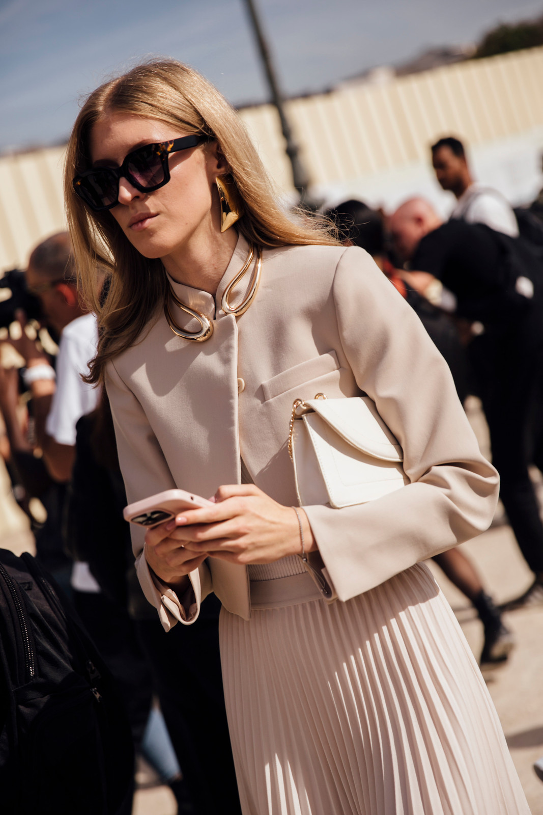 Chic Beige Cropped Jacket with Cream Pleated Skirt and Statement Necklace Chic Beige Cropped Jacket with Cream Pleated Skirt and Statement Necklace — Vintage Outfits 2027