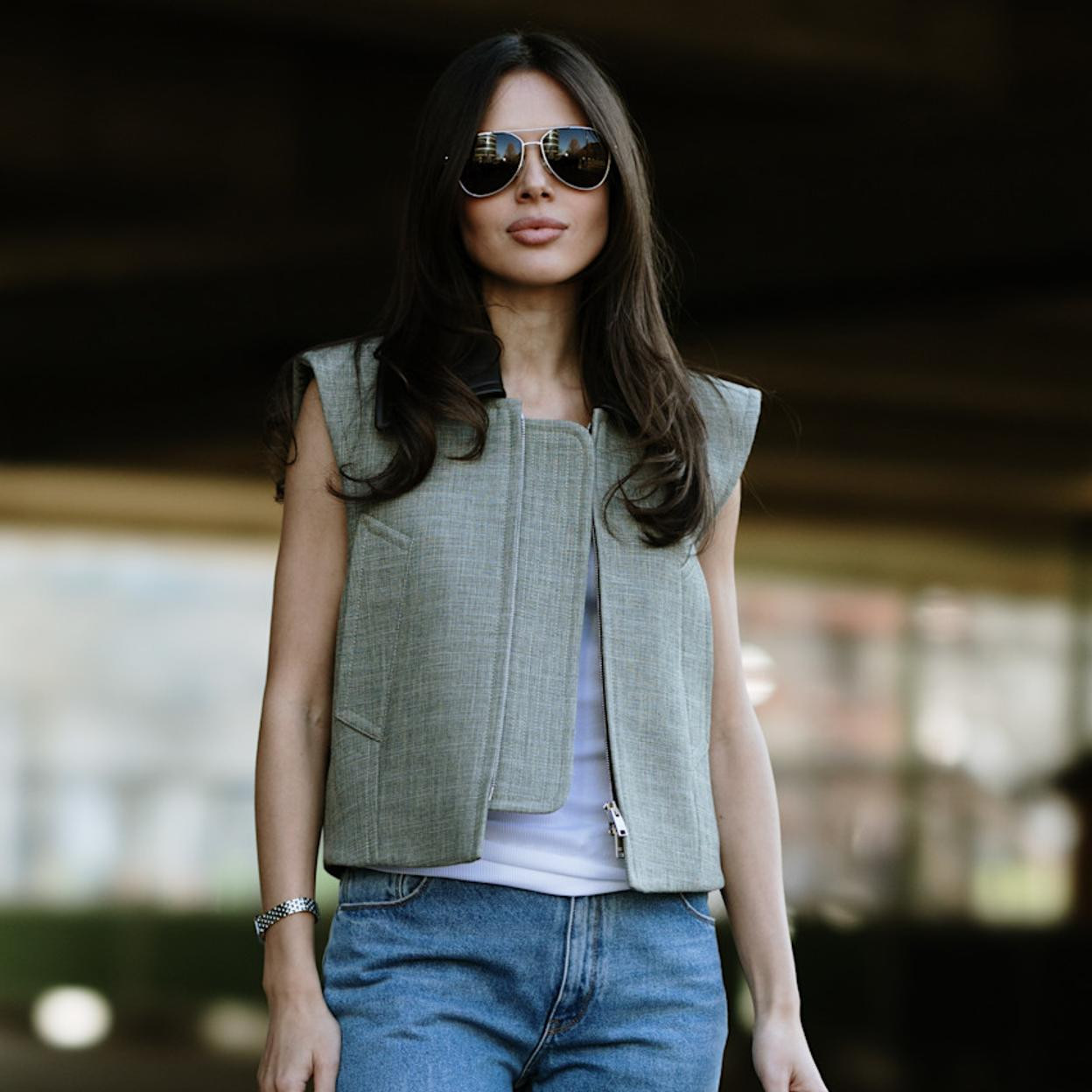 Olive Green Structured Vest with Zipper Detail Olive Green Structured Vest with Zipper Detail — Vests 2027