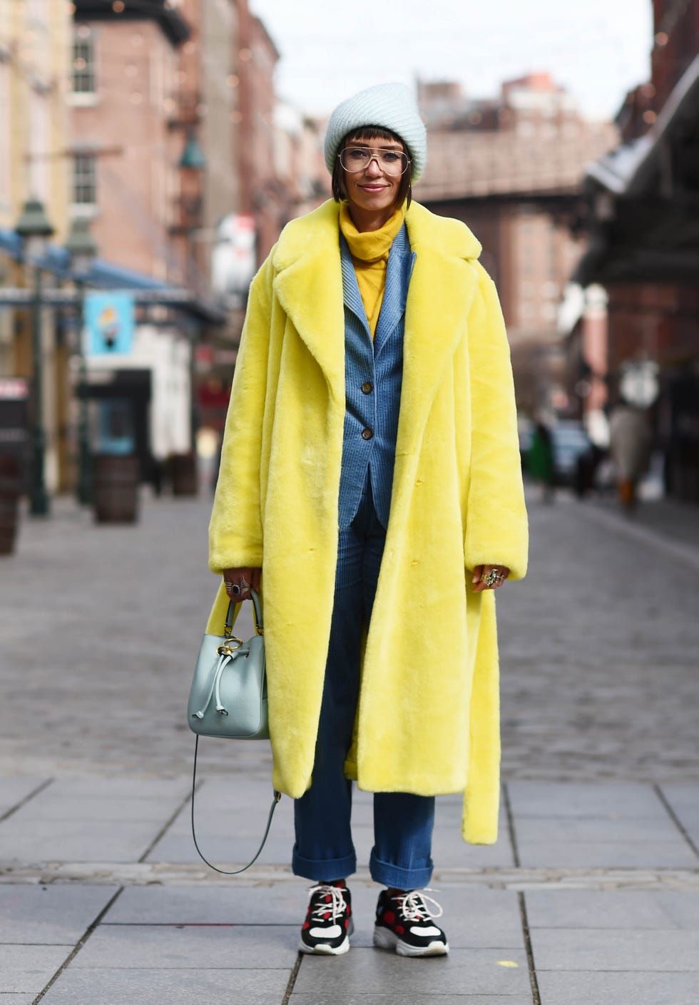 Statement Yellow Faux Fur Coat with Pinstripe Suit — Teddy Coat Outfits 2027