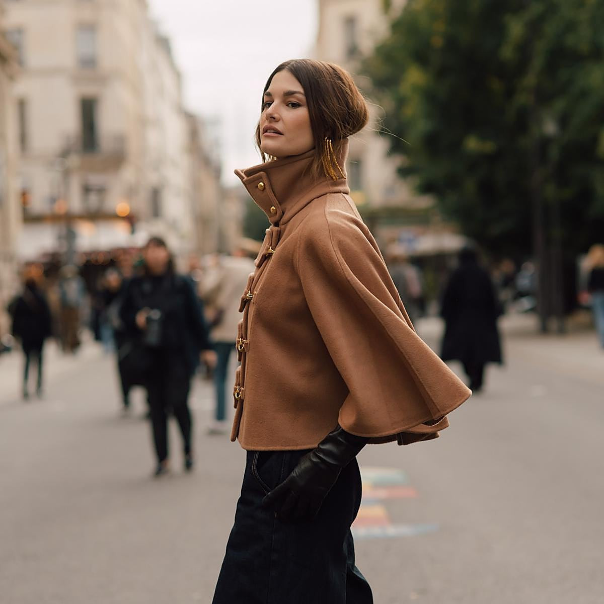 Brown Wool Capelet Jacket with Gold Accents Brown Wool Capelet Jacket with Gold Accents — Warm Winter Outfits 2027