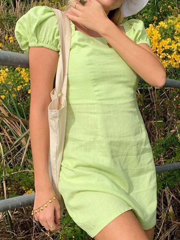 Lime Green A-Line Mini Dress with Puff Sleeves — Mini Dresses 2027