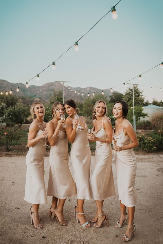 Champagne and Blush Pink Satin Slip Dresses for Bridesmaids — Satin Bridesmaid Dresses 2027