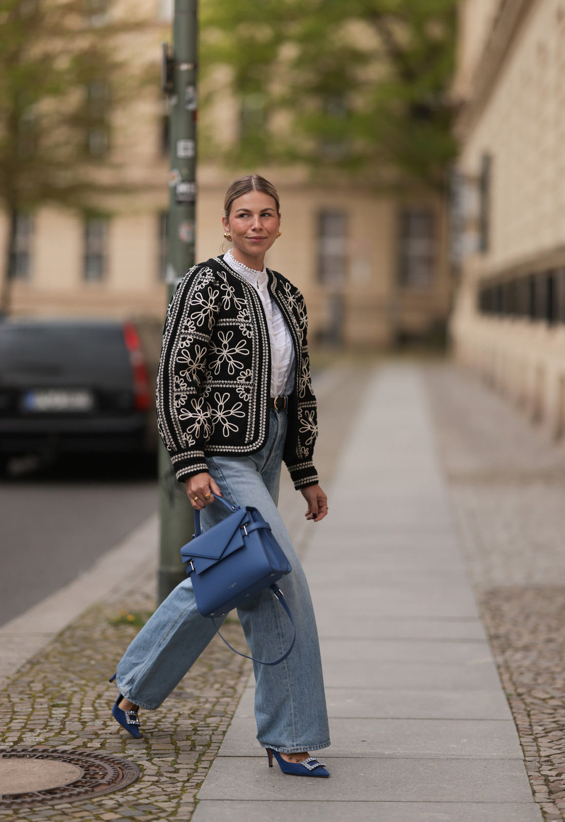 Embroidered Jacket with Wide-Leg Jeans and Blue Accents Embroidered Jacket with Wide-Leg Jeans and Blue Accents — Fall Capsule Wardrobe 2026