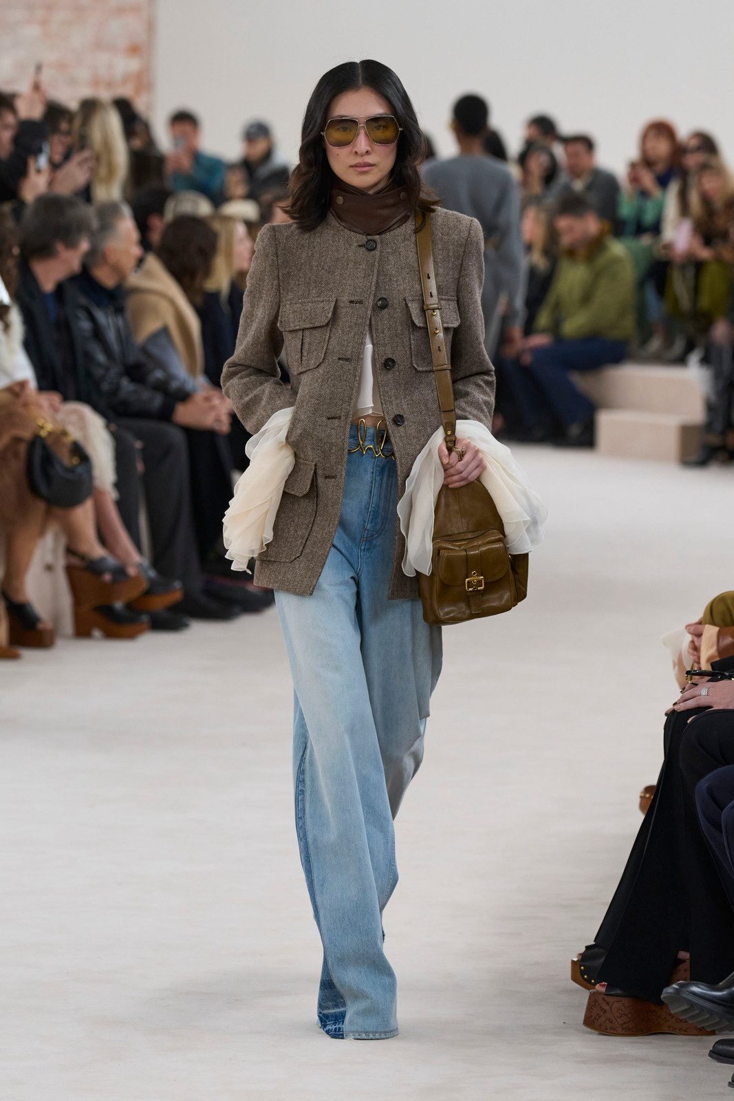 Utility Jacket with Sheer Ruffled Sleeves and Wide-Leg Jeans Utility Jacket with Sheer Ruffled Sleeves and Wide-Leg Jeans — Content Creator Outfits 2027