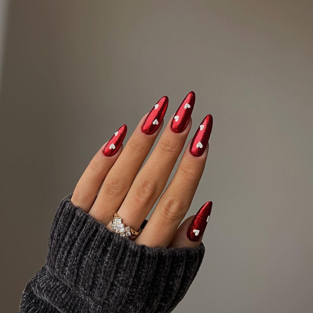 Bright Red Chrome with Scattered Hearts Bright Red Chrome with Scattered Hearts — Red Chrome Nails 2027