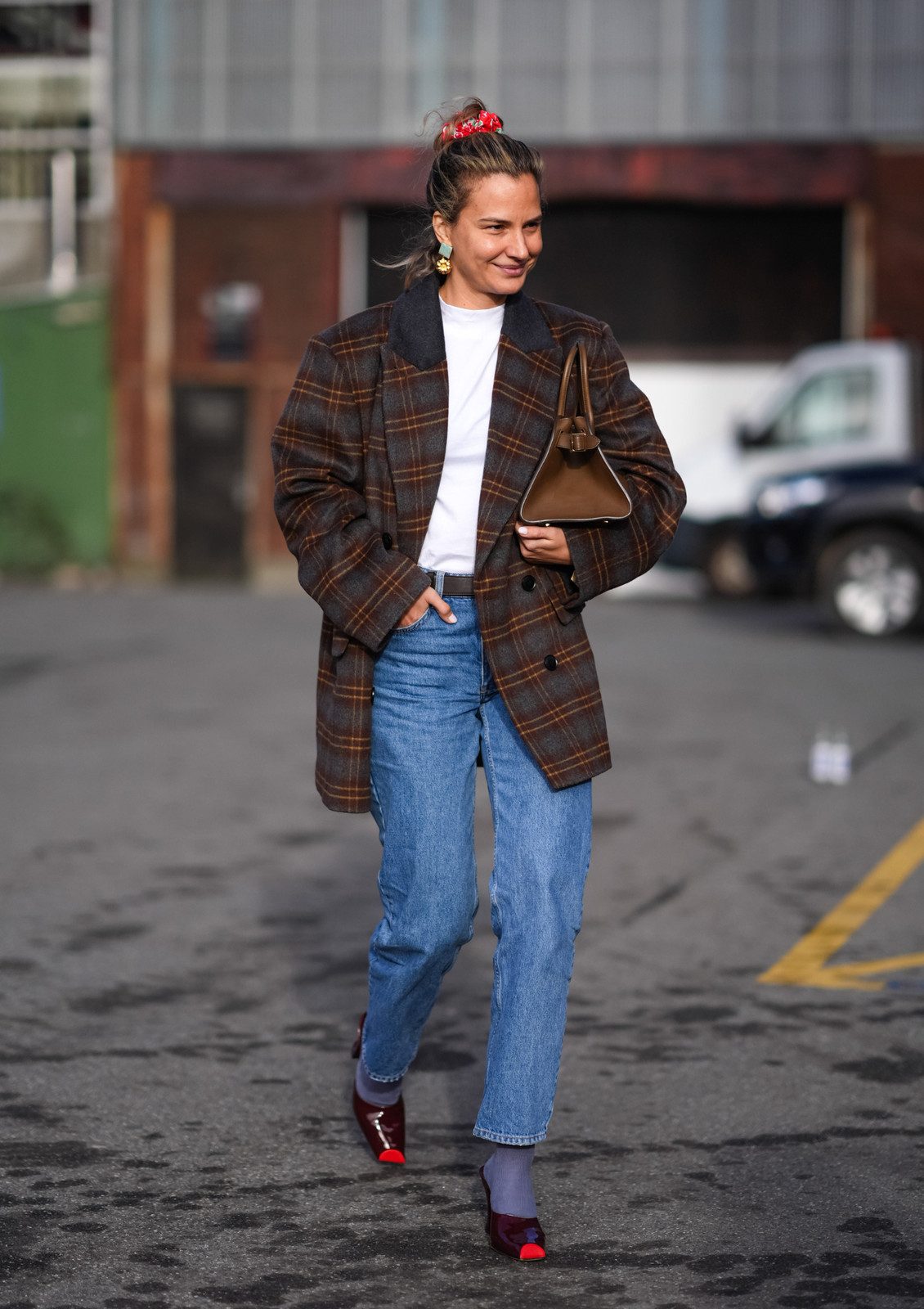 Medium Wash Straight Leg Jeans with a Plaid Blazer and Burgundy Socks Medium Wash Straight Leg Jeans with a Plaid Blazer and Burgundy Socks — Straight Leg Jeans 2027