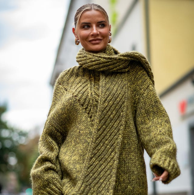Lime Green and Brown Chunky Knit with Scarf Detail Lime Green and Brown Chunky Knit with Scarf Detail — Oversized Sweater Outfits 2027
