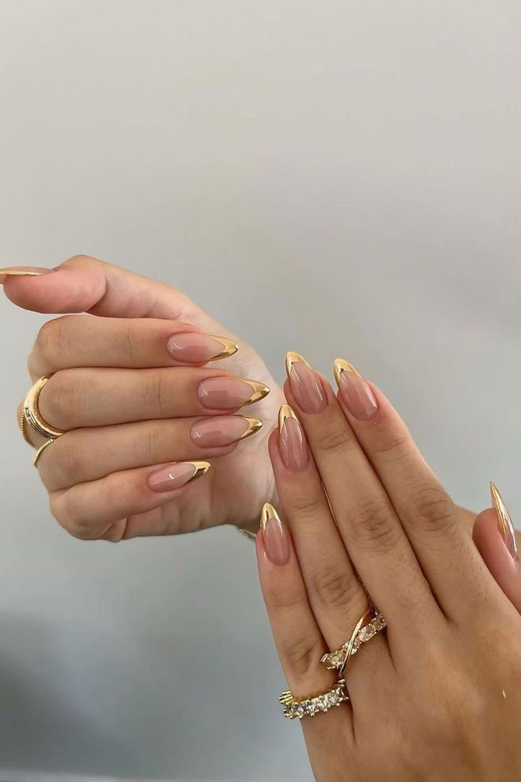 Sharp Gold French Tips on Nude Sharp Gold French Tips on Nude — Gold Christmas Nails 2026