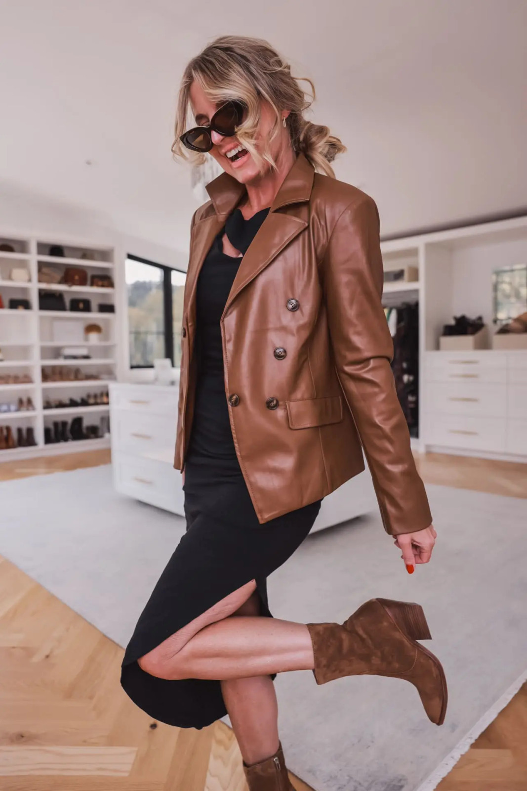 Leather Blazer Sophistication: Black Midi Dress — Nice Outfits 2027
