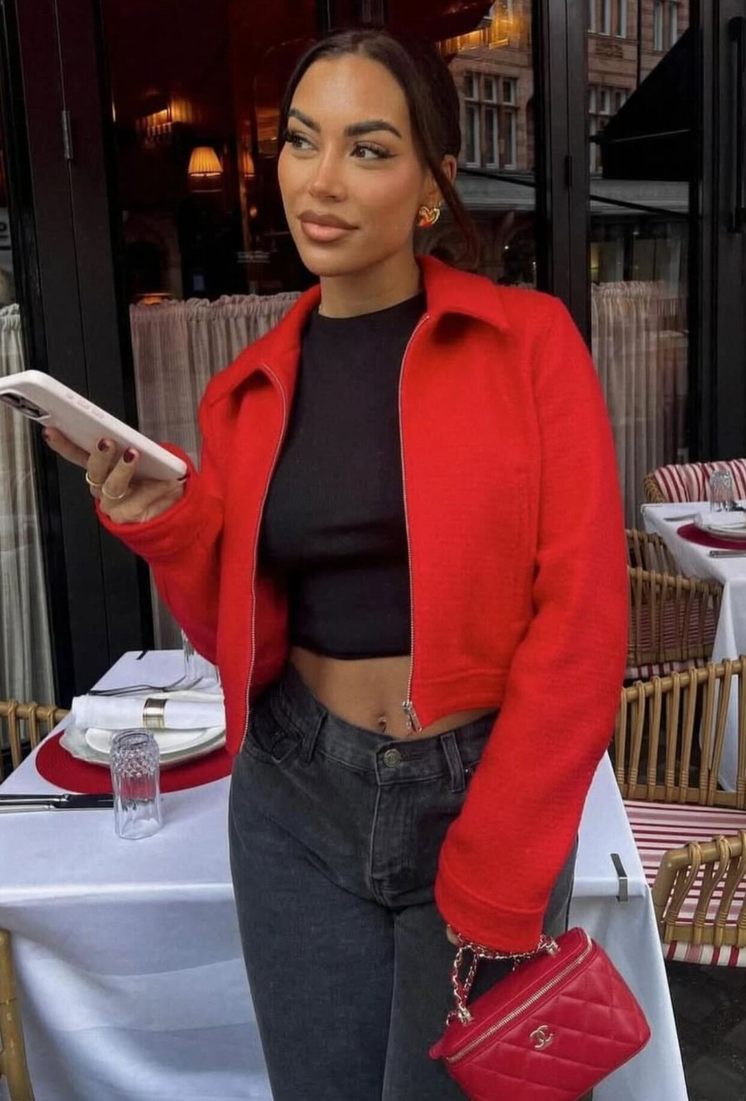 Textured Red Jacket Over Black Crop Top and Grey Jeans — Casual Valentines Outfits 2027