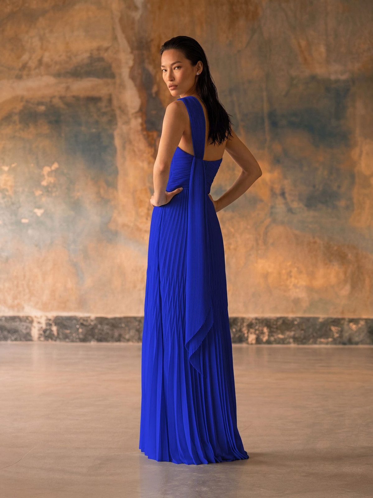 Royal Blue One-Shoulder Pleated Dress with Back Bow — Formal Dresses 2027