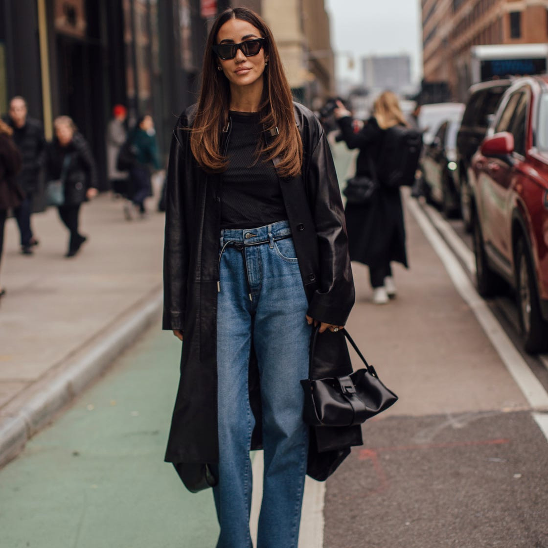 Denim Wide-Leg Trousers with Leather Trench Coat Denim Wide-Leg Trousers with Leather Trench Coat — Spring Trouser Outfits 2027