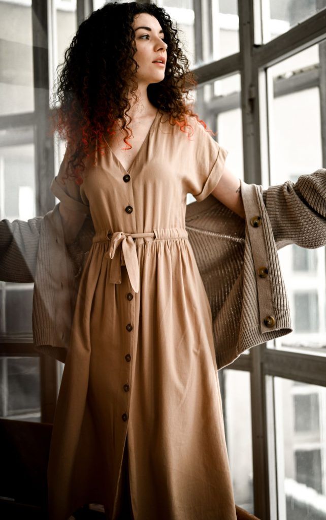 Beige Button-Front Dress with Cardigan for Casual Ease Beige Button-Front Dress with Cardigan for Casual Ease — Everyday Outfits 2027