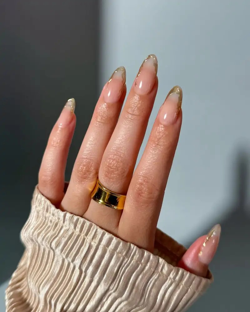 Sheer Nude with Gold Foil Accents — Prom Almond Nails 2027