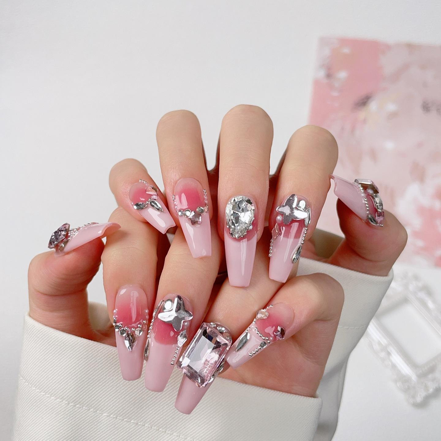 Pink Gradient Rhinestone Charm Birthday Coffin Nails — Birthday Nails Coffin 2027