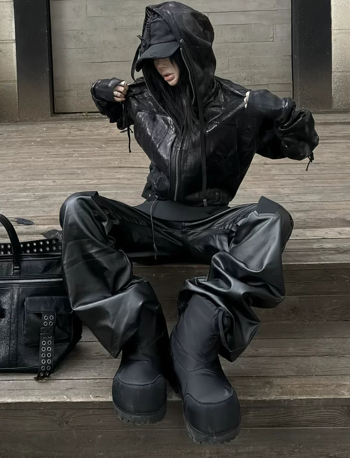 Avant-Garde Streetwear: Hooded Leather Jacket and Baggy Trousers Avant-Garde Streetwear: Hooded Leather Jacket and Baggy Trousers — Gothic Romantic Outfits 2027