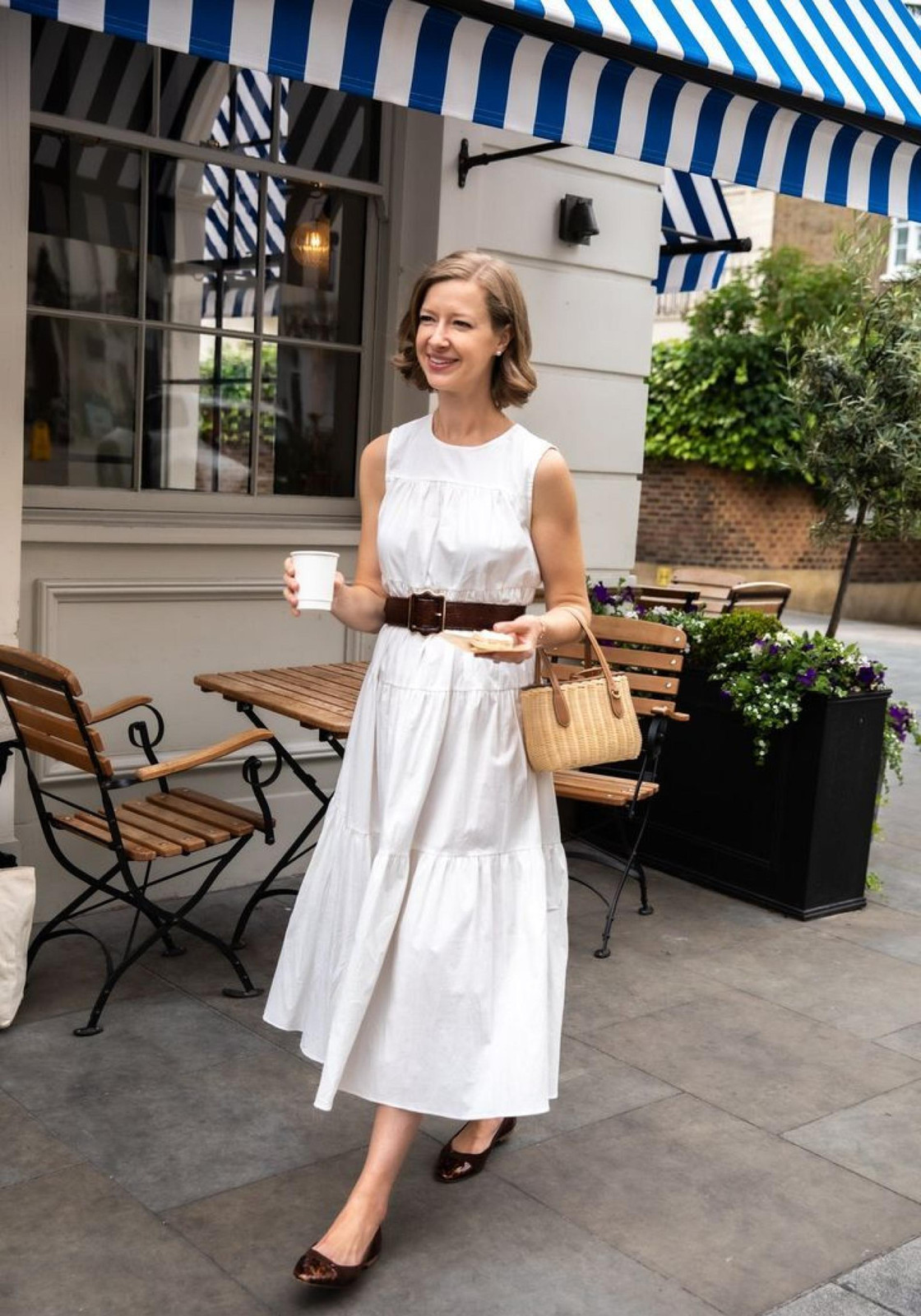 White Tiered Dress with Woven Accessories White Tiered Dress with Woven Accessories — Summer Outfits 2027 for Women Over 50